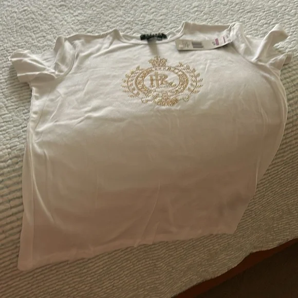 Lauren Ralph Lauren White Tee with Emblem Gold Design - Picture 2 of 4